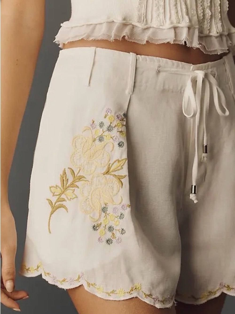 Anthropologie Cream Embroidered Scallop-Hem Shorts